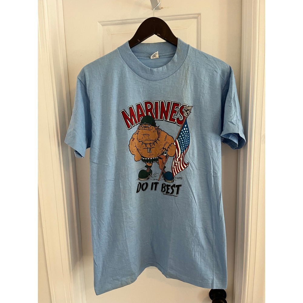 Vintage 1978 Marines Do It Best Bulldog T-Shirt Hanes Beefy-T Blue Large USMC